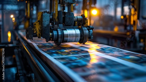 Machine printing colorful newspapers in a factory.