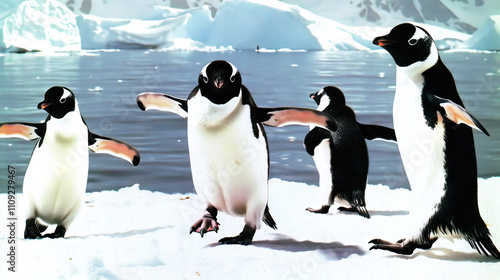 Penguins: The Playful Birds of the Antarctic - Visualize a scene where penguins waddle across the ice and dive into the frigid waters photo