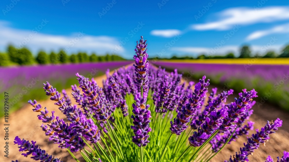 Obraz premium Beautiful Lavender Fields under Clear Blue Sky in Sunny Day