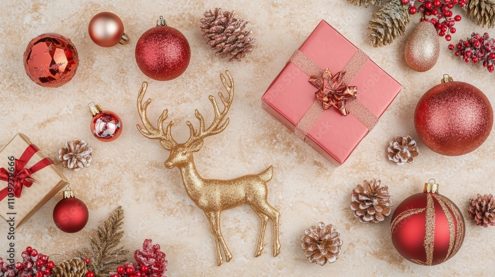 Merry Christmas and happy New Year background. Christmas scene with a tree, gift box, ribbon bows, and snowflakes. Winter xmas holiday. Christmas ornaments. Christmas greeting card. Copy space Merry Christmas and happy New Year background. Christmas scene with a tree, gift box, ribbon bows, and snowflakes. Winter xmas holiday. Christmas ornaments. Christmas greeting card. Copy space