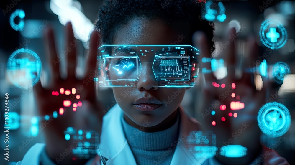 Fototapeta premium A futuristic doctor holds holographic health icons in their hands, symbolizing the use of advanced digital tools in healthcare and modern medical technology
