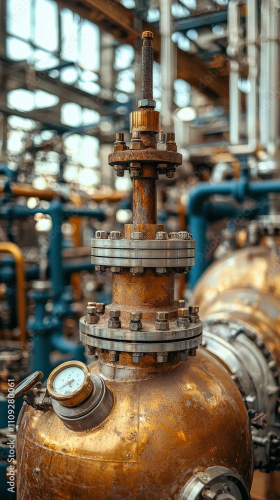 A detailed industrial apparatus featuring intricate piping and valves, showcasing the complexity of manufacturing processes. A detailed industrial apparatus featuring intricate piping and valves, showcasing the complexity of manufacturing processes.