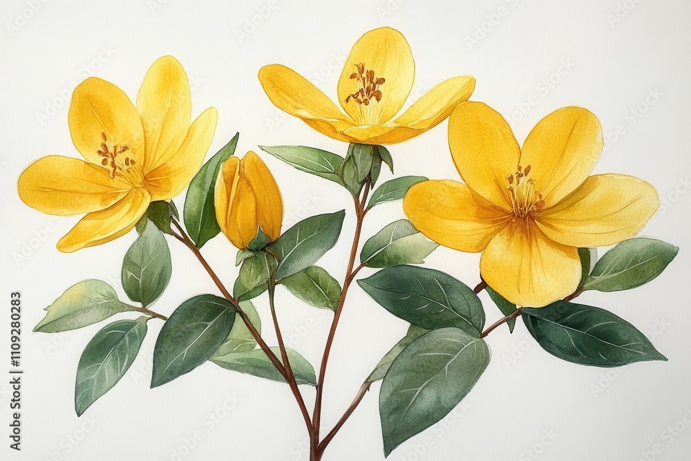 Obraz premium A botanical illustration featuring vibrant yellow flowers and green leaves.