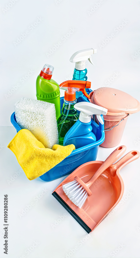 Colorful Cleaning Supplies in a Bucket: Essential Tools for Home Maintenance. Cleaning,Cleanliness and Hygiene Concept, Cleaning Service. Colorful Cleaning Supplies in a Bucket: Essential Tools for Home Maintenance. Cleaning,Cleanliness and Hygiene Concept, Cleaning Service.