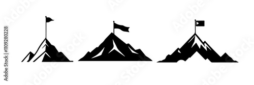 set of mountains in black shape, black silhouettes of mountains with flags, three black and white mountain shapes 