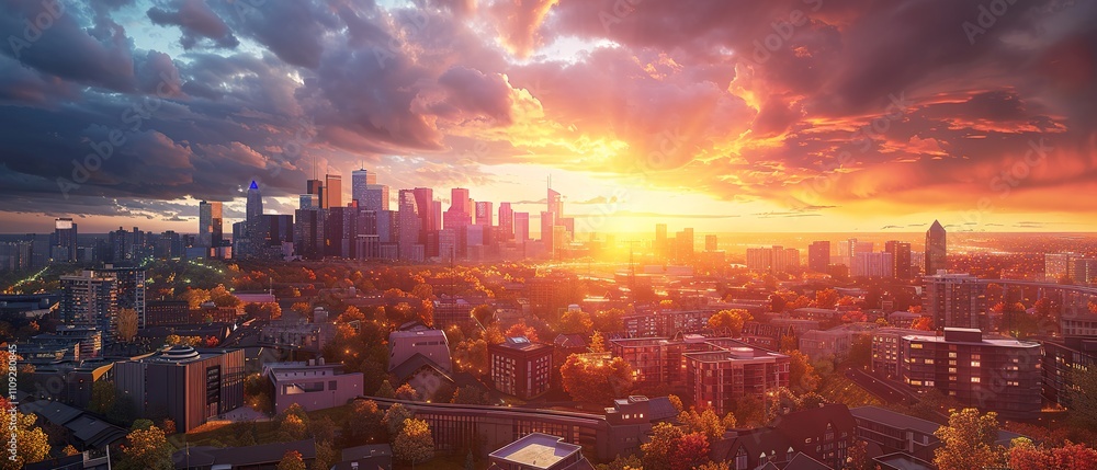 Fototapeta premium Golden Hour Panorama: Captivating Sunset City Skyline