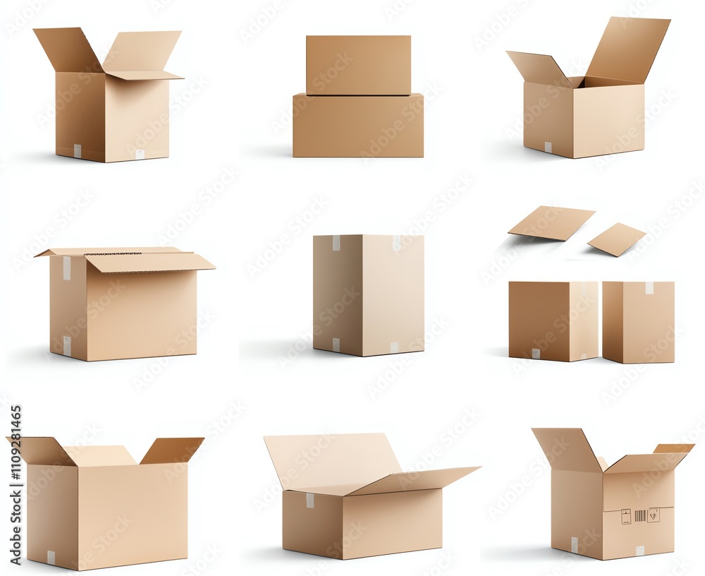 Various cardboard boxes in different sizes and orientations, showcasing packaging solutions for shipping and storage. Ideal for logistics, e-commerce, and organization concepts. Various cardboard boxes in different sizes and orientations, showcasing packaging solutions for shipping and storage. Ideal for logistics, e-commerce, and organization concepts.