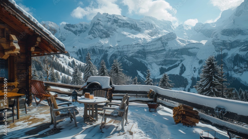 Snowy mountain view from a wooden cabin deck. Snowy mountain view from a wooden cabin deck.