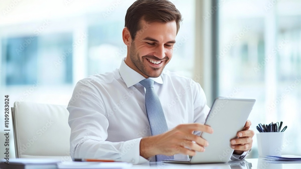 Fototapeta premium Smiling Professional Man in Business Attire Using Tablet in Modern Office Setting, Enhancing Productivity through Technology and Innovation in Corporate Environment