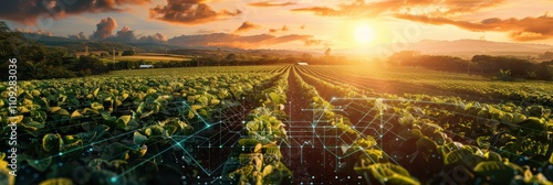 Lush green fields stretch towards a glowing sunset, showcasing a blend of nature and technology in modern agriculture.