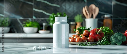 White Supplement Bottle on Kitchen Counter with Fresh Ingredients photo