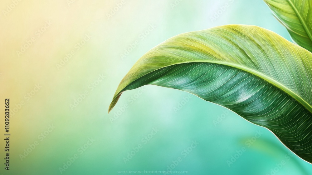 Obraz premium Explore the Serene Beauty of a Tropical Leaf: A Journey into Nature’s Harmonious Design in Green Tones