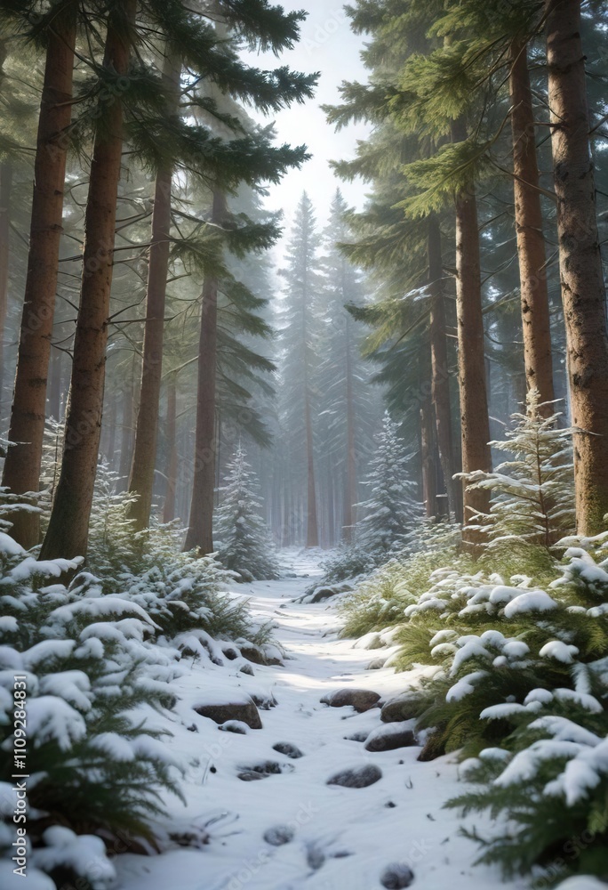 A tranquil forest scene, with a snow-covered forest floor, and evergreen trees towering above, snow, serene, idyllic A tranquil forest scene, with a snow-covered forest floor, and evergreen trees towering above, snow, serene, idyllic