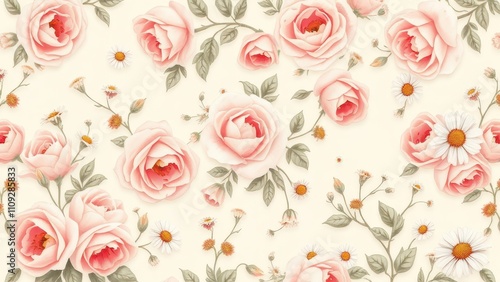 Wallpaper Mural Romantic vintage floral pattern with pastel roses and daisies on a light background, roses, shabby chic, soft, elegant, pastel Torontodigital.ca