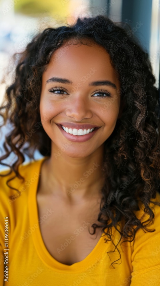 Vibrant Portrait of a Smiling Woman in Yellow: Capturing Joy and Radiance in Natural Daylight Vibrant Portrait of a Smiling Woman in Yellow: Capturing Joy and Radiance in Natural Daylight