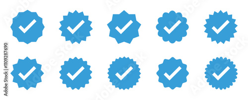 Set of verified badge. Blue check mark icon. Set of right symbol in zig zag style. Instagram verified badge. Social media account verification icons.