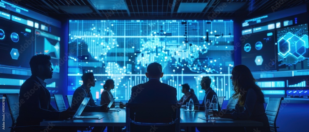A team discusses data analysis in a high-tech meeting room illuminated by digital screens and projections. A team discusses data analysis in a high-tech meeting room illuminated by digital screens and projections.