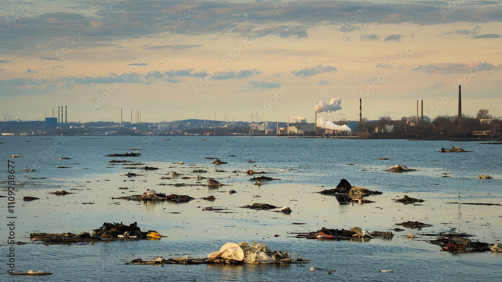Polluted sea with floating debris, plastic waste, and oil slicks, highlighting the concept of global pollution and environmental degradation, urging awareness and action. Polluted sea with floating debris, plastic waste, and oil slicks, highlighting the concept of global pollution and environmental degradation, urging awareness and action.