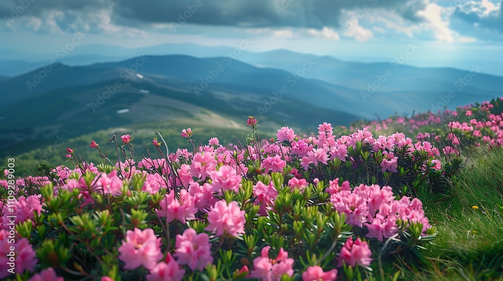 Fototapeta premium Magic pink rhododendron flowers on summer mountain.Carpathian, Ukraine.