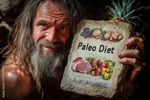 Photo of a caveman holding a stone with the text 