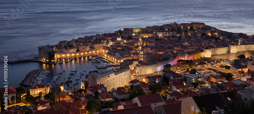 Panorama of Dubrovnik old town at night, Croatia