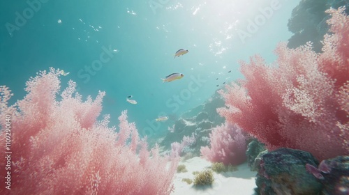 Underwater Scene Featuring Colorful Coral Reefs and Tropical Fish Swimming in Crystal Clear Blue Ocean Water, Creating a Serene Marine Environment photo