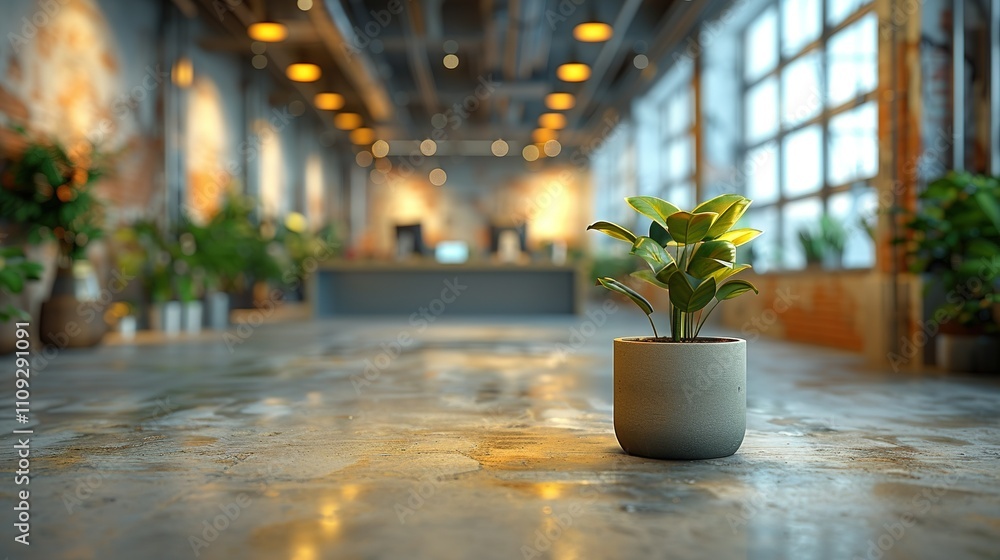 Fototapeta premium A potted plant sits in the foreground of a modern office space.