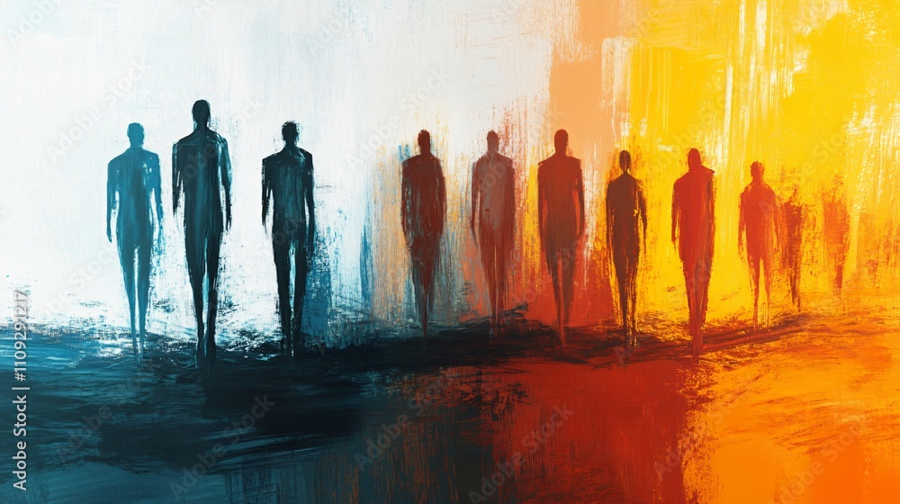 Abstract representation of human figures walking towards different color horizons Abstract representation of human figures walking towards different color horizons
