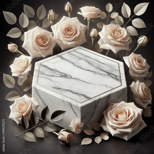 Hexagonal Marble Pedestal with Roses and Leaves1