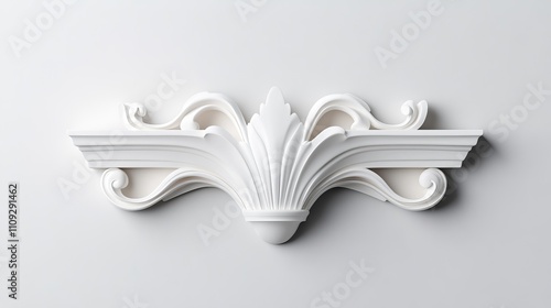 A white decorative molding with a floral design