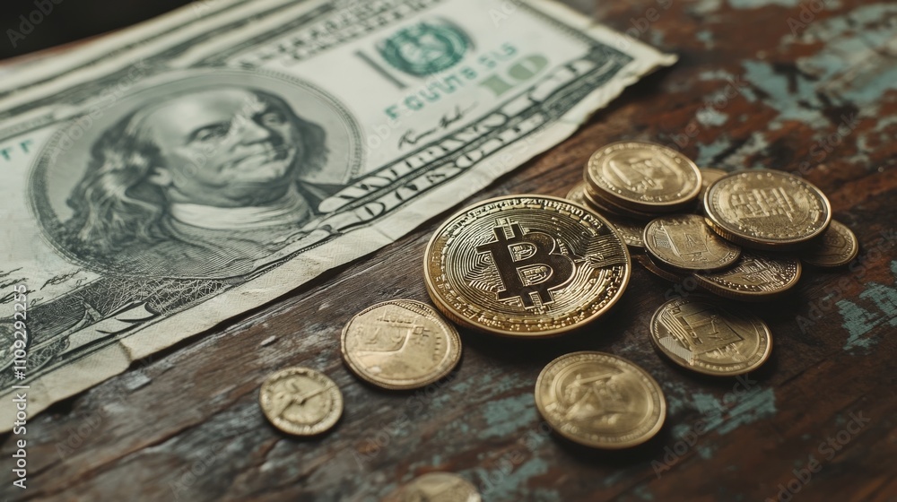 Virtual and physical currency on gnarled wood Virtual and physical currency on gnarled wood