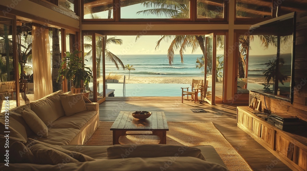 Fototapeta premium Stunning beachfront house with panoramic ocean views at sunset