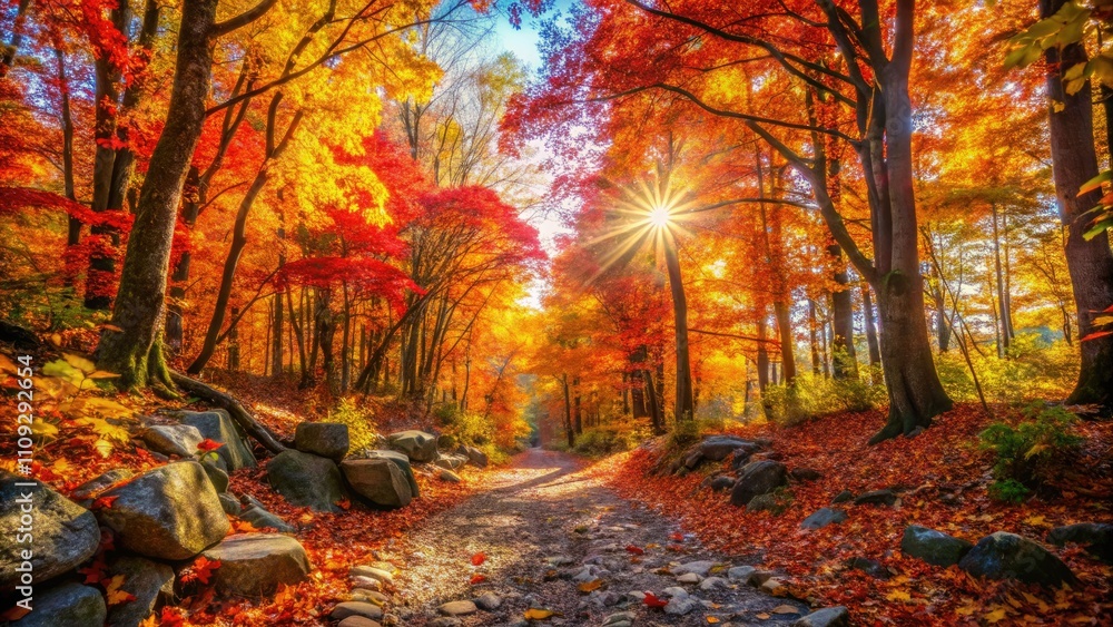 Autumn Hiking Trail Photography: Colorful Leaves, Rocky Path, Fall Foliage, Nature Scenery Autumn Hiking Trail Photography: Colorful Leaves, Rocky Path, Fall Foliage, Nature Scenery