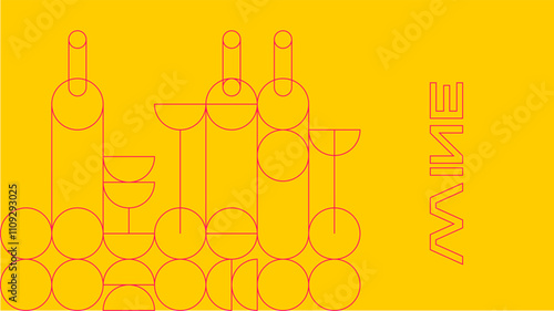 Minimalist wine design with line art bottles and glasses on a bright yellow background, offering a retro and creative style for winery posters and menus.