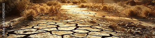 Droughts: The Parched Earth and Depleted Water Sources - Picture a scene where droughts grip the land, with dry conditions and lack of rainfall leading to water shortages and agricultural losses photo