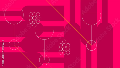 Elegant wine poster featuring line art bottles and glasses with grapes on a pink background, perfect for upscale winery events and promotional materials.