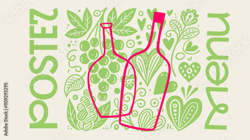 Whimsical wine banner with colorful floral and grape patterns, blending modern and retro styles, perfect for creative menus, winery posters, and festive events.