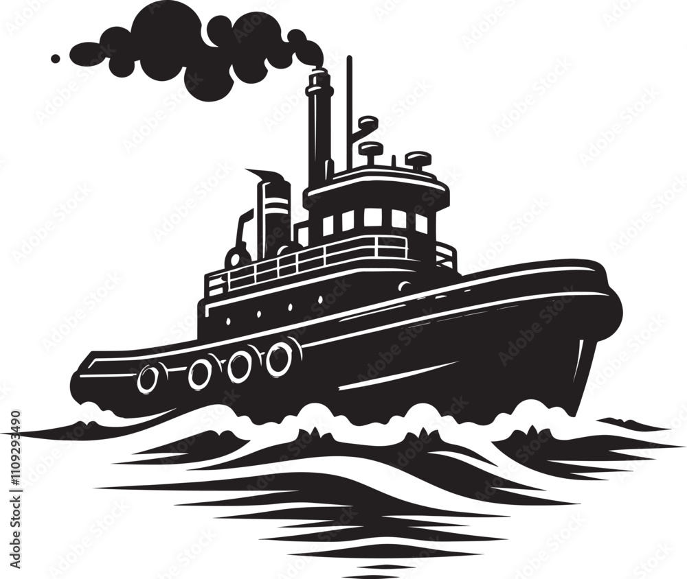 Tug boat ship silhouette vector illustration isolated on a white background Tug boat ship silhouette vector illustration isolated on a white background