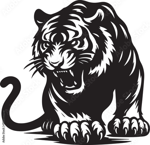 A growling tiger with its head lowered ready to attack vector silhouette