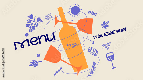 Dynamic design featuring an orange wine bottle, spiraling glasses, and delicate grape patterns, ideal for winery menus or festival posters.