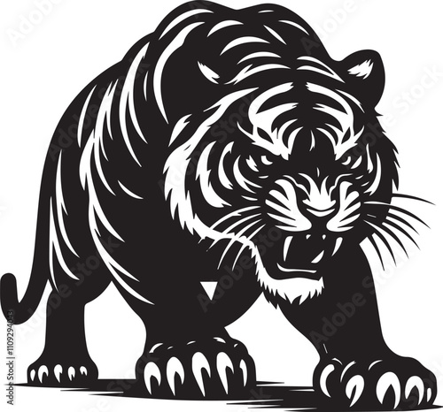 A growling tiger with its head lowered ready to attack vector silhouette