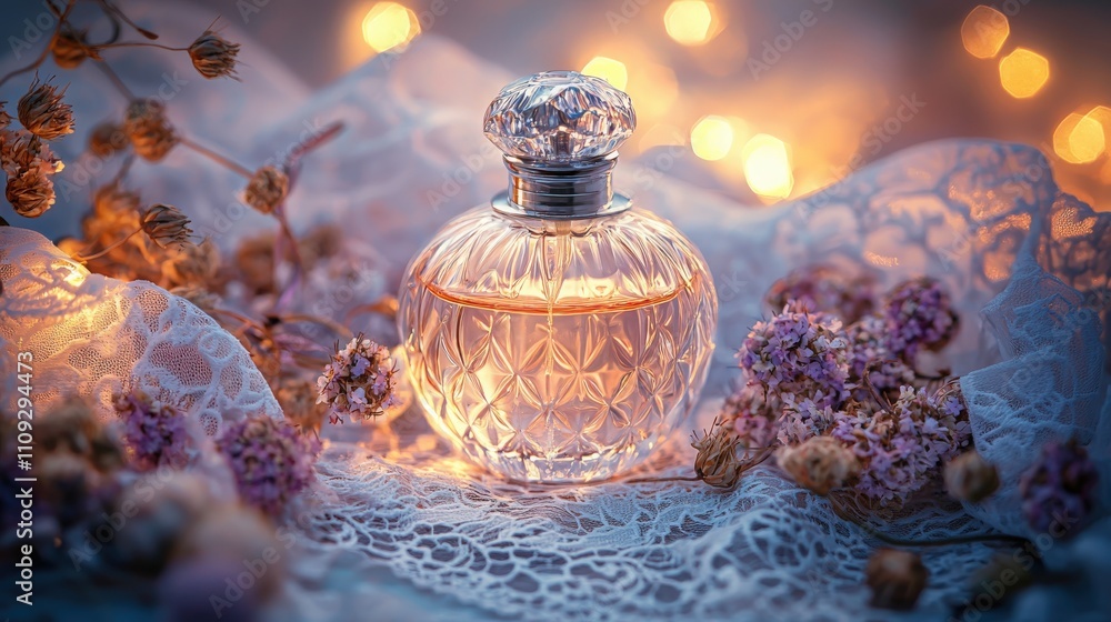 Elegant perfume bottle surrounded by flowers and soft lights at twilight Elegant perfume bottle surrounded by flowers and soft lights at twilight