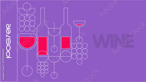 A minimalist wine-themed poster showcasing elegant grape and glass icons in a clean purple layout. Perfect for flyers and menu covers.