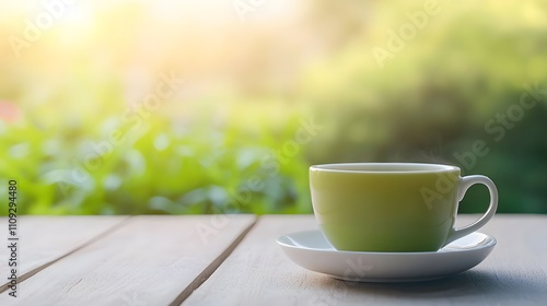 A steaming green tea cup placed on a wooden table with a blurred background of lush greenery and soft sunlight.