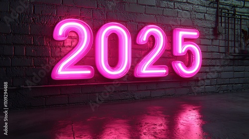 Bold neon 2025 sign on textured wall showcased in a vibrant artistic presentation