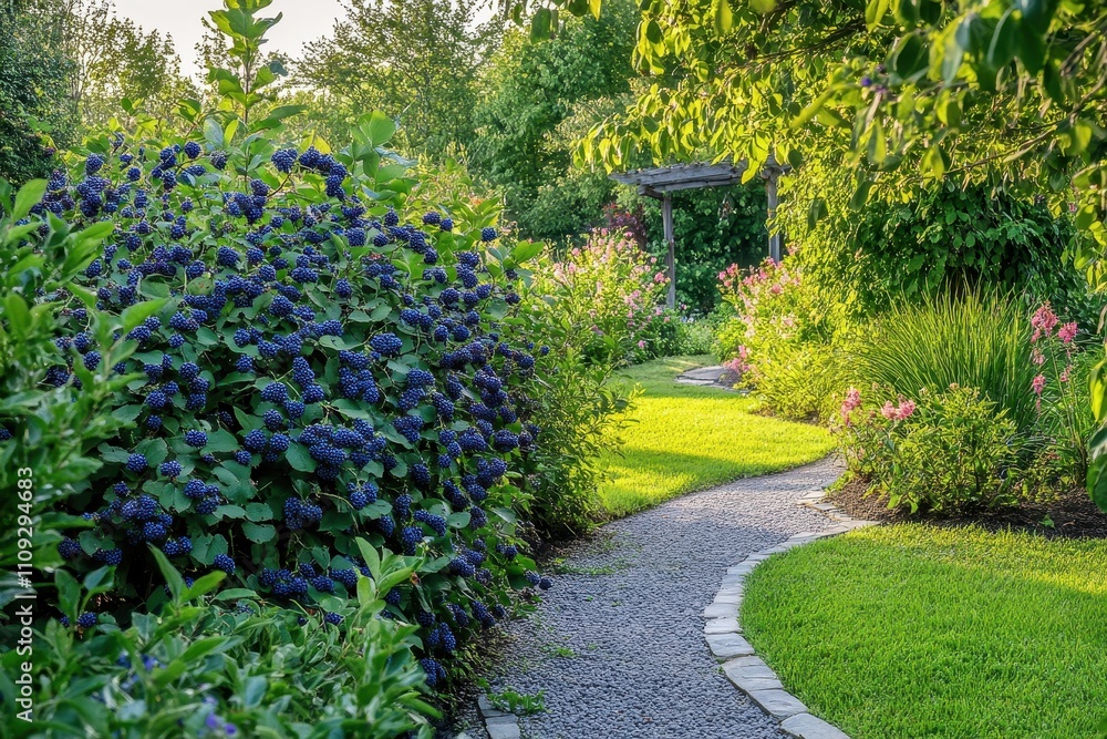 Obraz premium A lively blue huckleberry bush with ripening blueberries in a cared for garden
