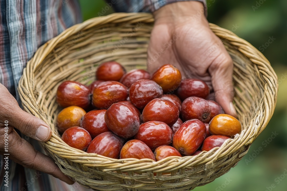 A person s hand is grasping multiple small jujubes which are in a woven basket A person s hand is grasping multiple small jujubes which are in a woven basket
