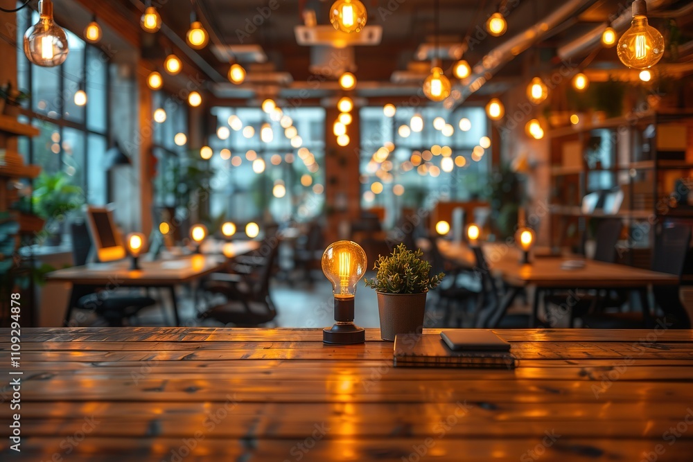 A wooden table with a single lit lightbulb in a modern cafe. A wooden table with a single lit lightbulb in a modern cafe.