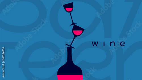 Dynamic wine concept with stacked glasses balancing on a bottle, creating a bold and modern artistic statement in vivid colors.