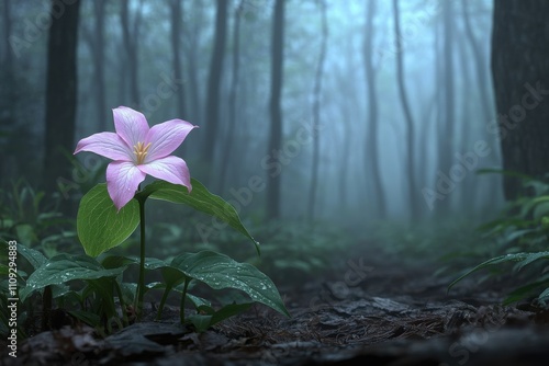 A pink trillium brightens the forest floor in Shenandoah National Park its gentle petals and beauty contrasting with the surrounding greenery photo